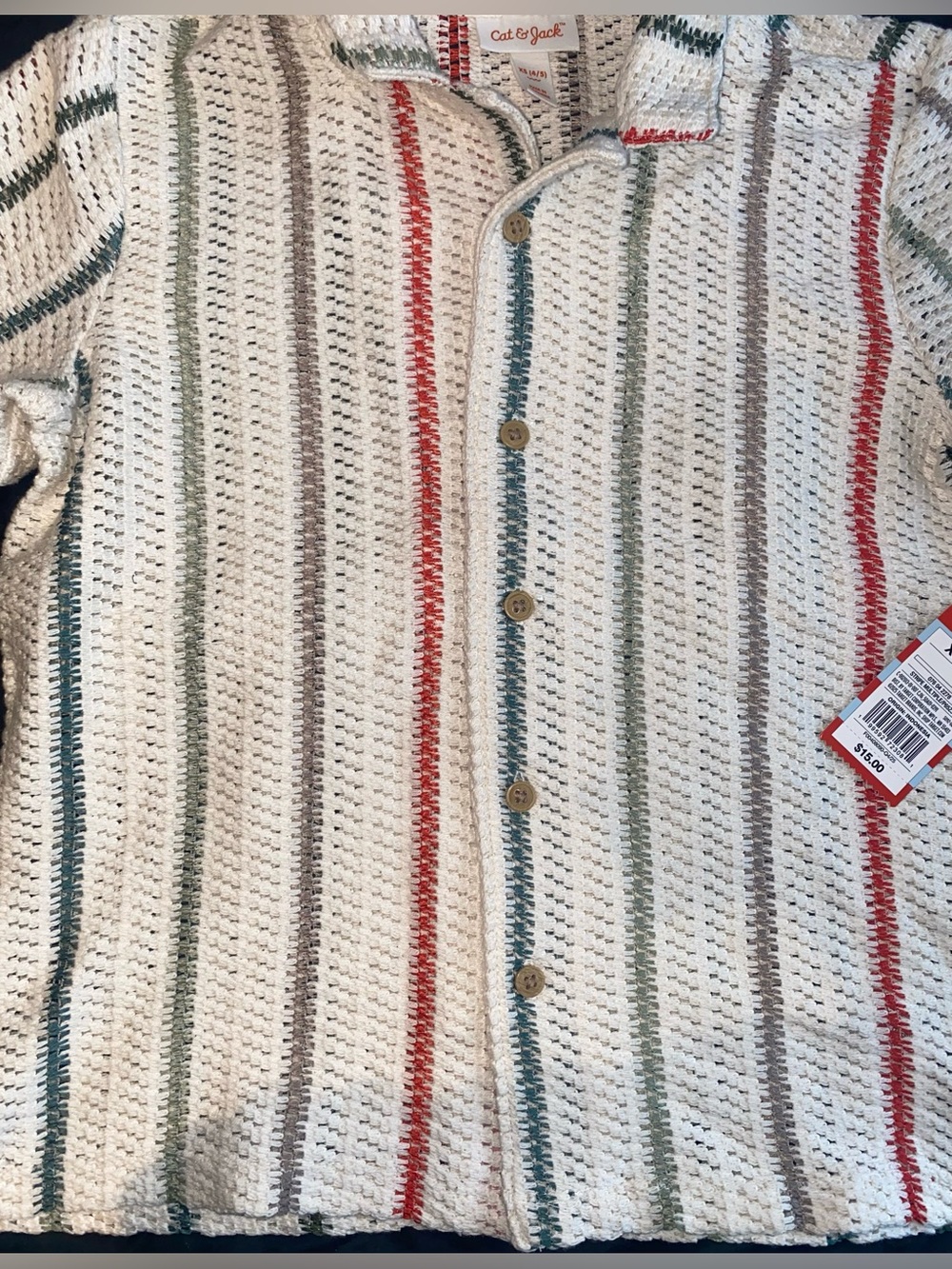 Cat & Jack Cream Knit Short-Sleeve Button-Up with Red and Green Stripes - Picture 2 of 6
